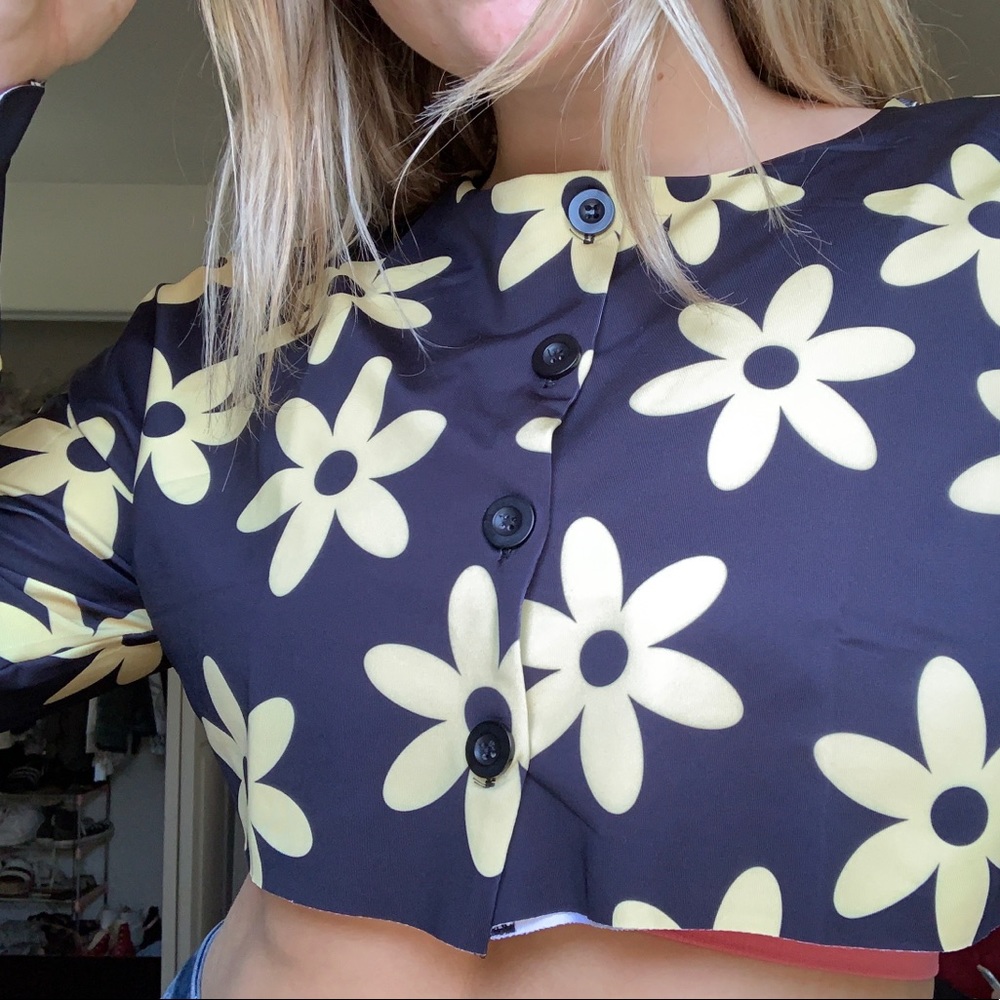 cropped black flower button up